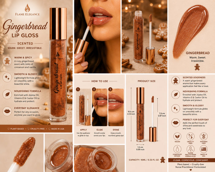 A detailed product information card for Flame Elegance Gingerbread Lip Gloss. The card features multiple panels showing the lip gloss tube and wand, a close-up of a model wearing the gloss, a color swatch, and descriptive text detailing the scent, formula, and application method.