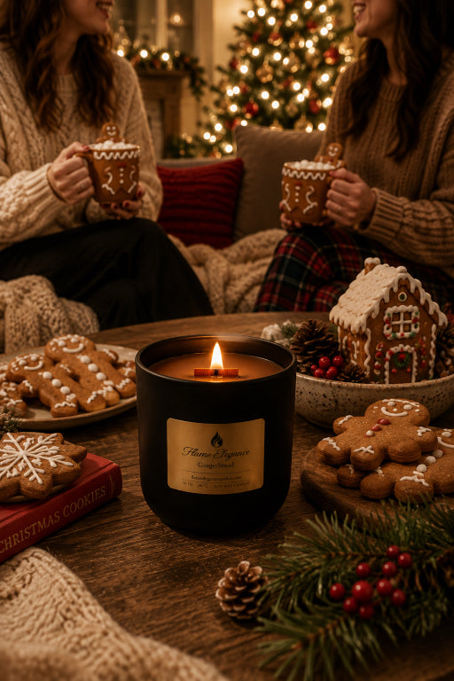 A festive holiday candle in a black jar with a gold label sits on a wooden table, surrounded by gingerbread cookies, a gingerbread house, pinecones, and evergreen branches. Two women are seated in the background on a couch, holding mugs, with a decorated Christmas tree and warm room lighting behind them. Gingerbread scented soy candle by Flame Elegance.
