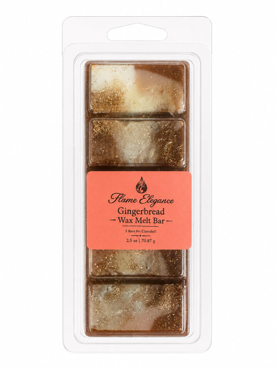 Flame Elegance Gingerbread Wax Melt Bar in a clear plastic clamshell package with a coral-colored label, containing four marbled wax melts with gold flakes.