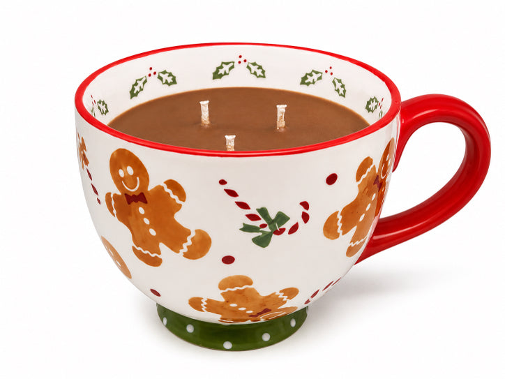 gingerbread hot cocoa soy wax candle in gingerbread mug by flame elegance with white background three cotton wicks
