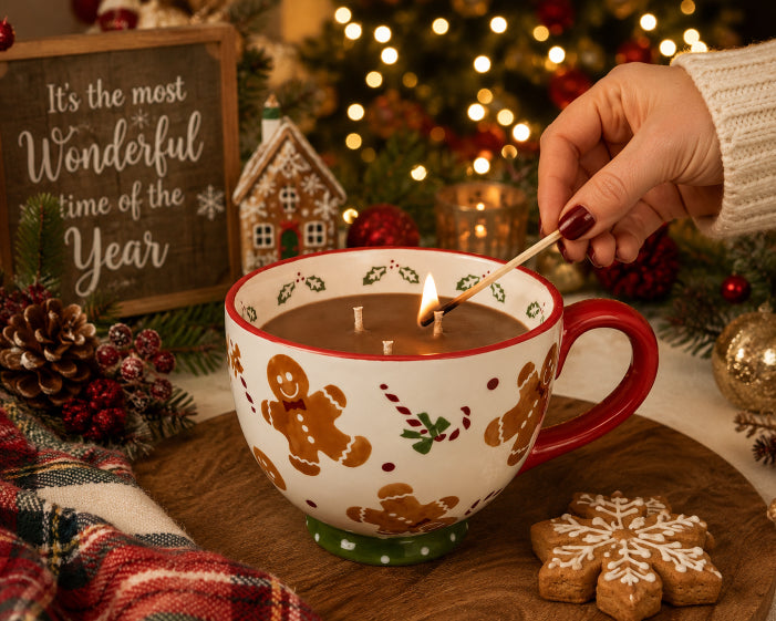 someone lighting gingerbread soy three wick candle by flame elegance