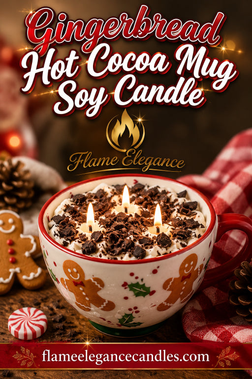 A festive gingerbread-themed hot cocoa mug soy candle by Flame Elegance, shown lit in a decorated ceramic mug with cocoa, crumbled cookies, and holiday decorations around it.