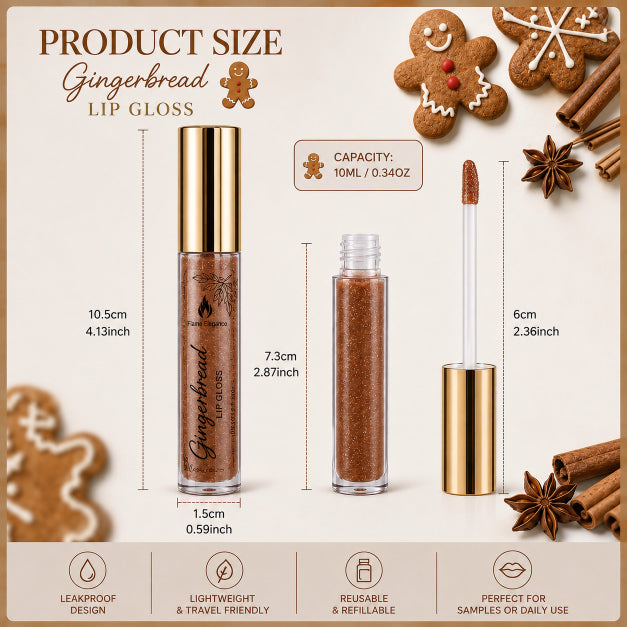 Gingerbread lip gloss shown in a product infographic with dimensions for the tube and applicator, plus feature icons at the bottom. The gloss is a warm gingerbread brown and the packaging includes gold caps and festive cookie illustrations.