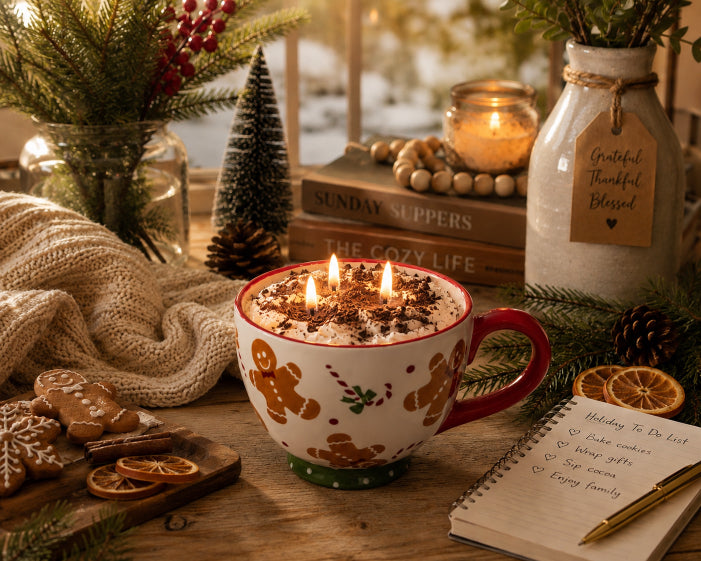 A festive holiday scene centered on a gingerbread-themed ceramic mug filled with whipped wax and lit candles, surrounded by cookies, a knit blanket, books, pinecones, dried orange slices, and a candle jar on a wooden table by Flame Elegance. 