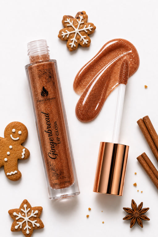 Gingerbread lip gloss in a clear tube with a metallic rose-gold cap, shown beside a glossy swatch of the warm brown-amber gloss and the applicator wand. The tube is labeled 'Gingerbread Lip Gloss by Flame Elegance.