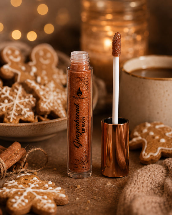 Gingerbread lip gloss in a clear tube with a metallic rose-gold cap, shown with the applicator wand open beside it. The scene is styled with gingerbread cookies, cinnamon sticks, a mug of coffee, and warm holiday lights in the background.