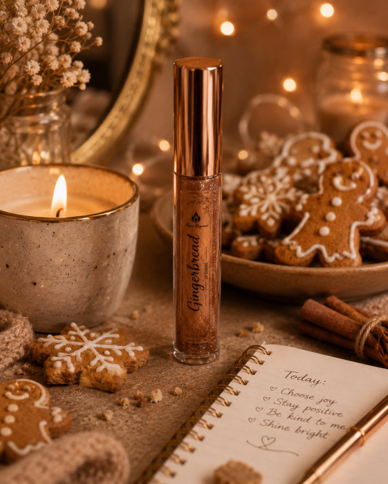A tube of Gingerbread lip gloss with a metallic rose gold cap and shimmering brown glitter formula, styled on a rustic table with gingerbread cookies, a lit candle, cinnamon sticks, and a notebook under warm holiday lights by Flame Elegance