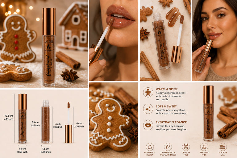 A collage-style product listing for a lip gloss/lipstick. Multiple panels show the tube and cap, the product applied on lips, close-ups of a model, packaging details, dimensions, scent/texture copy, and holiday-themed props like gingerbread cookies and cinnamon sticks.