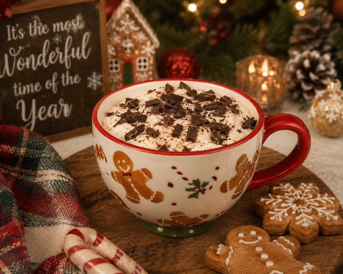 A festive ceramic candle mug filled with whipped wax and chocolate wax shavings, scented with Gingerbread decorated with gingerbread men and holiday motifs, set on a wooden tray with cookies, candy canes, and a Christmas sign in the background. Candle by Flame Elegance.
