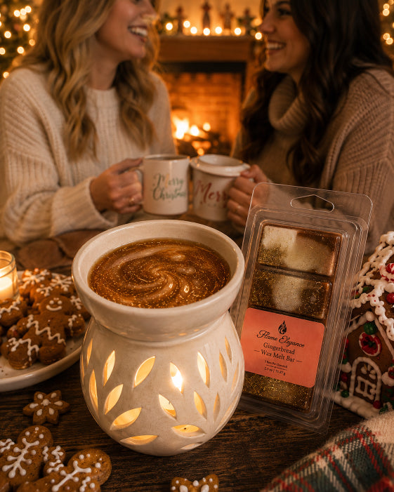A warm holiday scene with two women smiling by a fireplace while holding mugs, with gingerbread cookies on a table and a scented wax melt package in front. The product appears to be a Gingerbread scented wax melt in a clear clamshell with a pink label that says Flame Elegance, alongside a lit cream wax warmer with leaf-shaped cutouts.