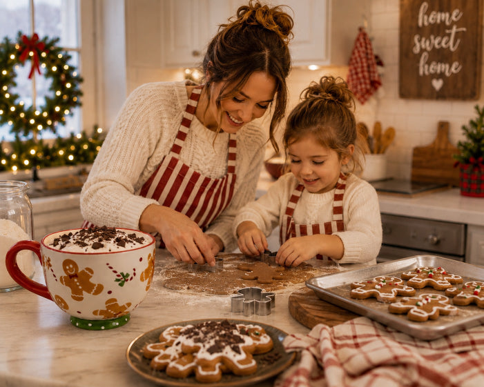 A woman and a young girl baking gingerbread cookies together in a warm, decorated holiday kitchen. Both are wearing matching cream knit sweaters and red-and-white striped aprons, with cookies on trays and a large gingerbread scented holiday candle mug in the foreground by Flame Elegance.