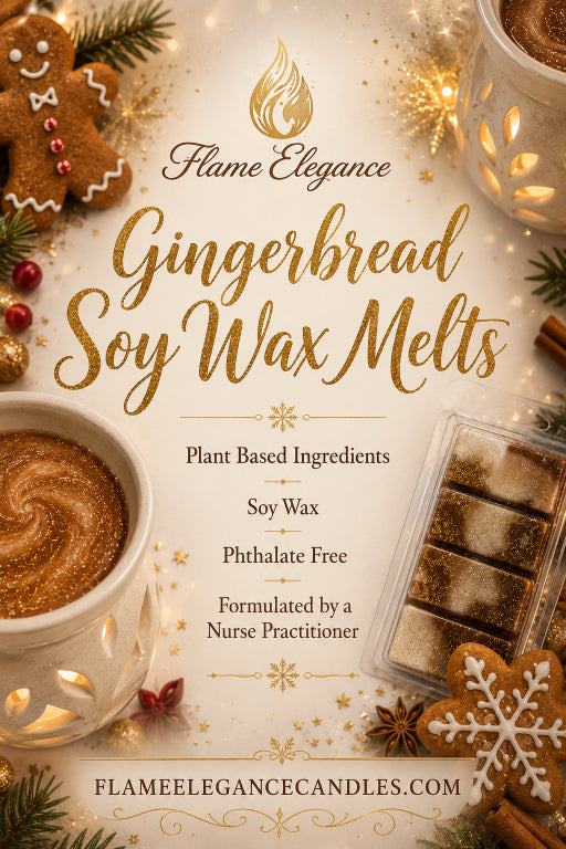Promotional graphic for Flame Elegance Gingerbread Soy Wax Melts, showing a tray of square wax melts, a mug of gingerbread-scented wax, and festive holiday decorations like gingerbread cookies, pine branches, and gold lights on a cream background.