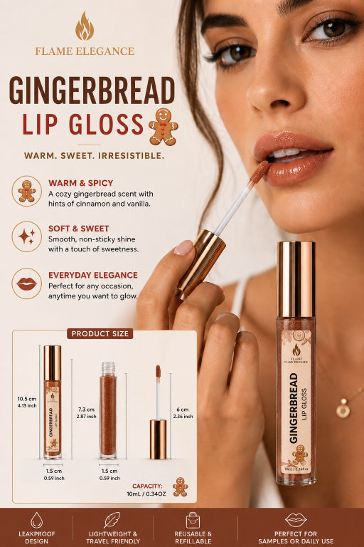 Flame Elegance Gingerbread Lip Gloss advertisement featuring a close-up of a woman applying lip gloss, with product text, icons, size details, and a clear tube of lip gloss with a gold cap.