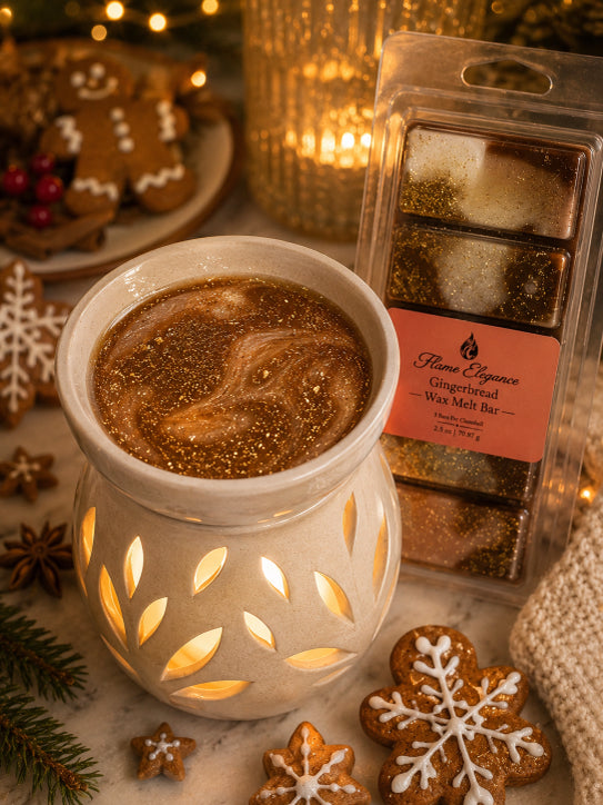 A festive holiday scene featuring a lit cream-colored wax warmer filled with a golden-brown scented hot drink and glitter, alongside a package of Flame Elegance Gingerbread Wax Melts. The background is decorated with gingerbread cookies, pine branches, and warm glowing candles.