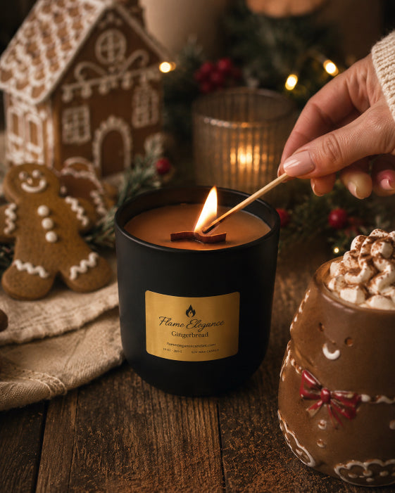 A black candle jar with a gold label reading 'Flame Elegance Gingerbread' is lit with a wooden match in a cozy holiday setting. A hand holds the match above the flame.