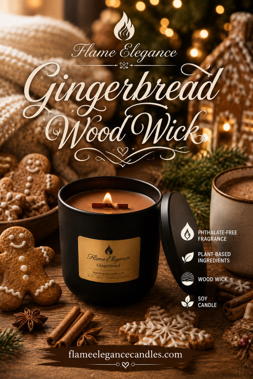 A lit Flame Elegance Gingerbread Wood Wick candle in a black jar with a gold label, styled on a rustic wooden surface with gingerbread cookies, cinnamon sticks, a mug, and warm holiday lights in the background.