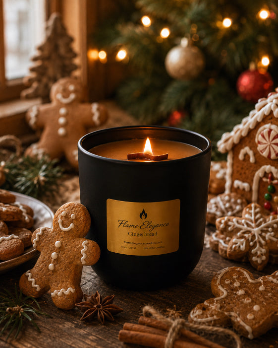 A black candle jar with a gold label reading 'Flame Elegance Gingerbread' sits lit on a rustic wooden table surrounded by gingerbread cookies, cinnamon sticks, and a blurred Christmas tree in the background.