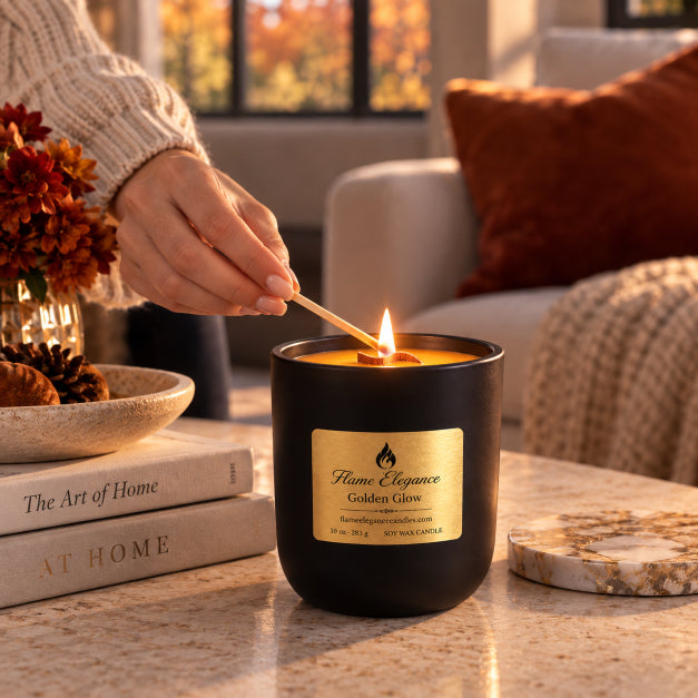 A black scented candle jar with a gold label reading 'Flame Elegance Golden Glow' is lit on a marble table in a cozy living room setting. A person's hand holds a match above the candle, with books, flowers, and a sofa blurred in the background.