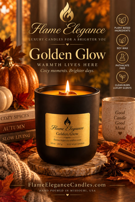 A lit Flame Elegance Golden Glow soy wax candle in a matte black jar, styled on a wooden slice with autumn leaves, pumpkins, books, and a cozy knit blanket. The image includes product text and feature icons on the right.