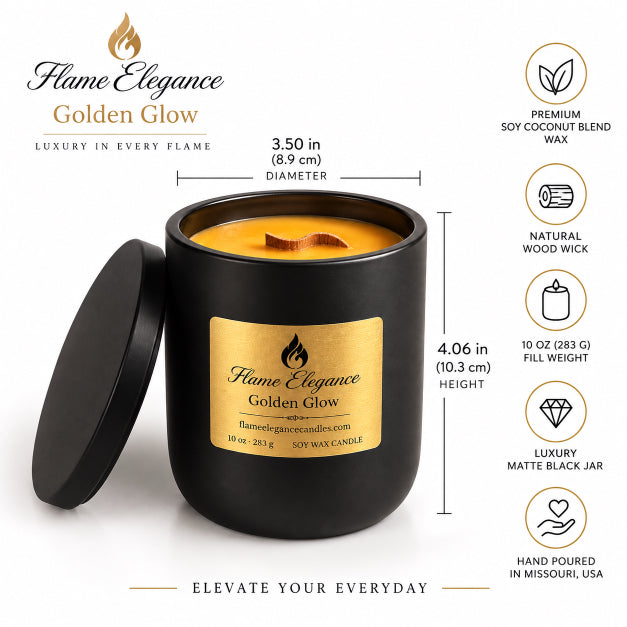 An open black candle jar with a gold label reading Flame Elegance Golden Glow, shown beside its lid on a white background. The image includes dimension callouts for diameter and height and feature icons for premium soy coconut blend wax, natural wood wick, fill weight, luxury matte black jar, and hand-poured in Missouri.