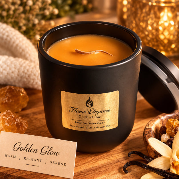 A black candle jar filled with golden wax, shown on a wooden surface with its lid beside it. The front label reads 'Flame Elegance Golden Glow,' and a small card in front says 'Golden Glow.
