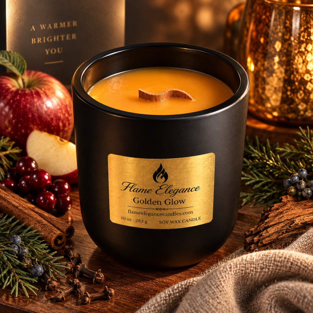 A black candle jar with a gold label reading Flame Elegance Golden Glow, filled with golden wax and topped with a wooden wick, styled on a wooden surface with an apple, berries, pine branches, cloves, and a warm ambient background.