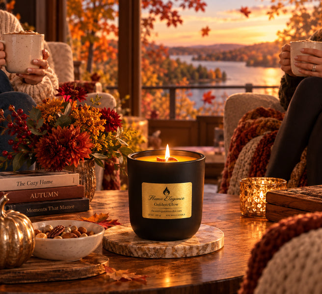 A black scented candle with a gold label reading Golden Glow Candle' sits on a wooden table in a cozy indoor setting. The scene includes people holding mugs, autumn flowers, books, and a warm sunset view of a lake through a large window in the background.