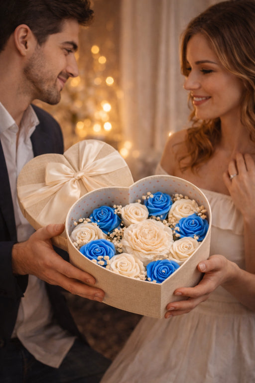 man and woman holding a ivory heart shaped box with a large ivory wax sculpted peony as a centerpiece and blue and ivory wax roses adorned with baby's breath by Flame Elegance. Scented with mystical waters fragrance. 