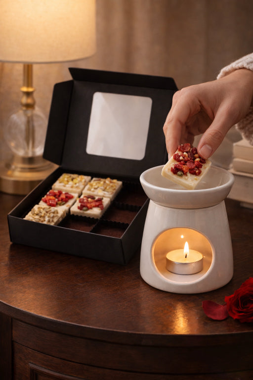 Hand placing a love spell herbal soy wax melt by Flame elegance in a wax warmer. Eco-friendly wax melts love spell, lavender moon, and apothecary