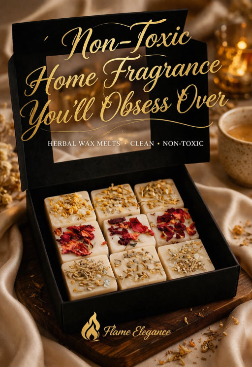 Box of herbal wax melts with 'Flame Elegance' branding on a wooden surface.
