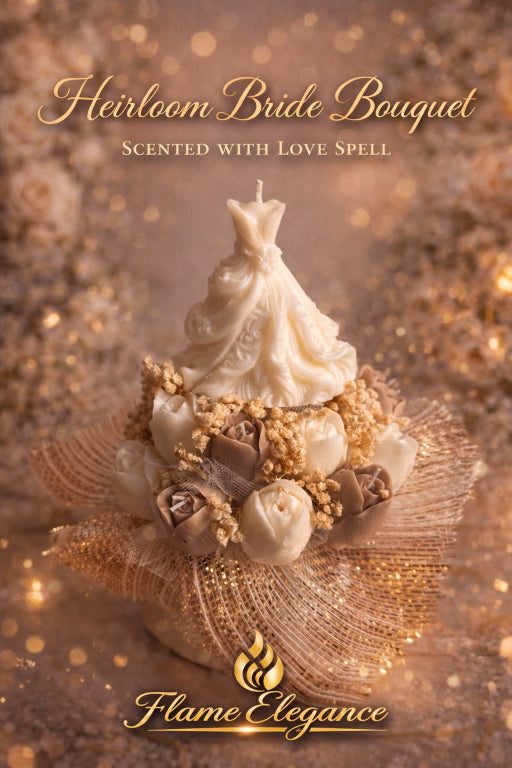 Heirloom bride bouquet candle with wedding dress topper and cream taupe tulip candle arrangement with elegant background. 