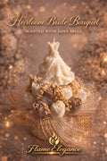 Heirloom bride bouquet candle with wedding dress topper and cream taupe tulip candle arrangement with elegant background. 