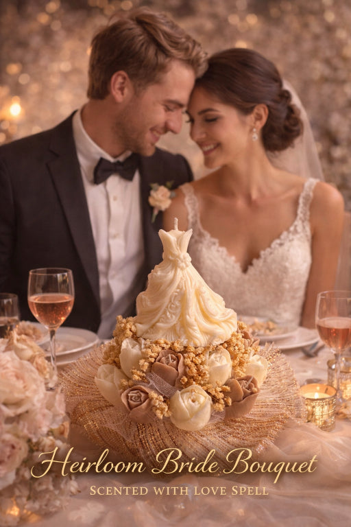 wedding couple with artisan wedding dress candle and tulip candle bouquet centerpiece scented with love spell by flame elegance. 