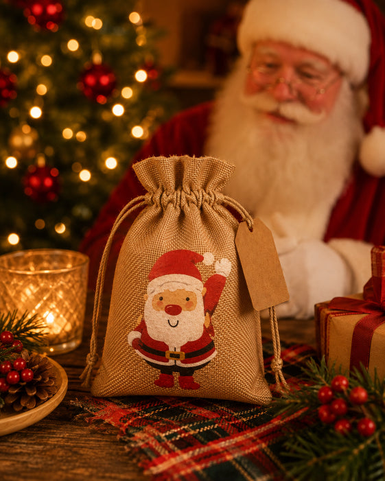 A small burlap drawstring gift pouch with an embroidered Santa Claus face on the front, set on a rustic table with holiday decorations, pine branches, and a blurred Santa figure in the background.