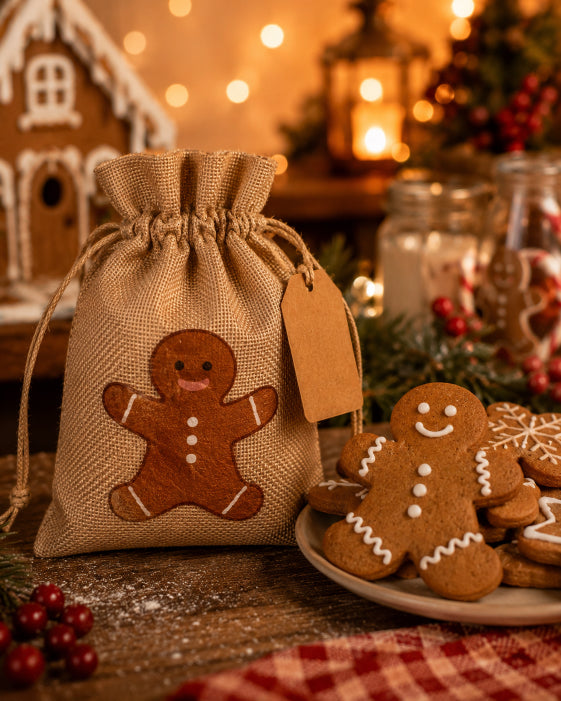 A small burlap drawstring gift bag with a gingerbread man applique stands on a rustic table beside a plate of gingerbread cookies. The scene is warmly lit with holiday lights, blurred lanterns, and Christmas decorations in the background.