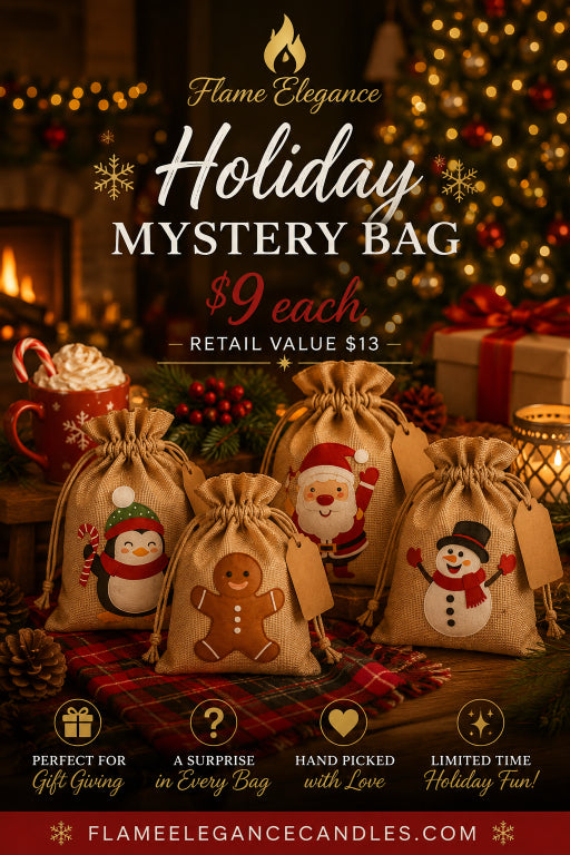 A promotional holiday graphic for Flame Elegance showing five small burlap drawstring gift bags with embroidered holiday characters, including a penguin, Santa Claus, and a gingerbread man, arranged on a plaid surface with Christmas lights and wrapped gifts in the background. Large text reads 'Holiday Mystery Bag' and '9 each, Retail Value $13'.