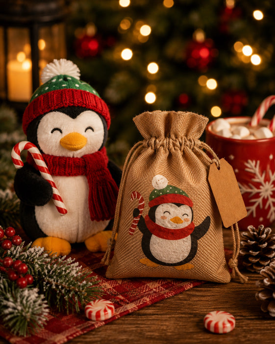 A festive Christmas-themed product shot featuring a small tan burlap drawstring pouch with an embroidered penguin wearing a red and green hat, next to a plush penguin toy holding a candy cane. The scene is styled on a wooden surface with holiday decorations, pinecones, candy canes, and a blurred Christmas tree in the background.