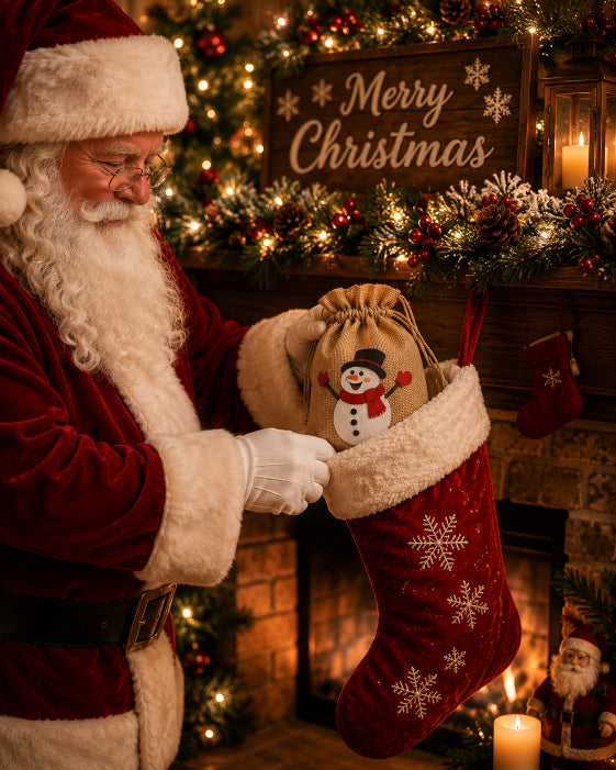 A festive holiday scene with Santa Claus holding a red Christmas stocking filled with a small snowman-themed pouch. The background shows a decorated fireplace with lights, pinecones, a 'Merry Christmas' sign, and warm candlelight. Mystery bag by Flame Elegance