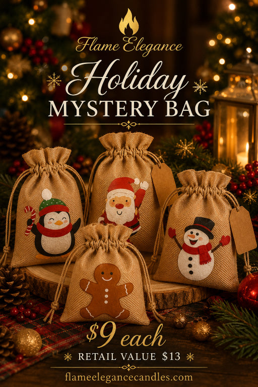 Four burlap drawstring gift bags with Christmas-themed embroidered faces (penguin, Santa, snowman, gingerbread) arranged on a wooden surface with holiday decorations in the background. Text overlays read 'Flame Elegance Holiday MYSTERY BAG $9 each RETAIL VALUE $13'.