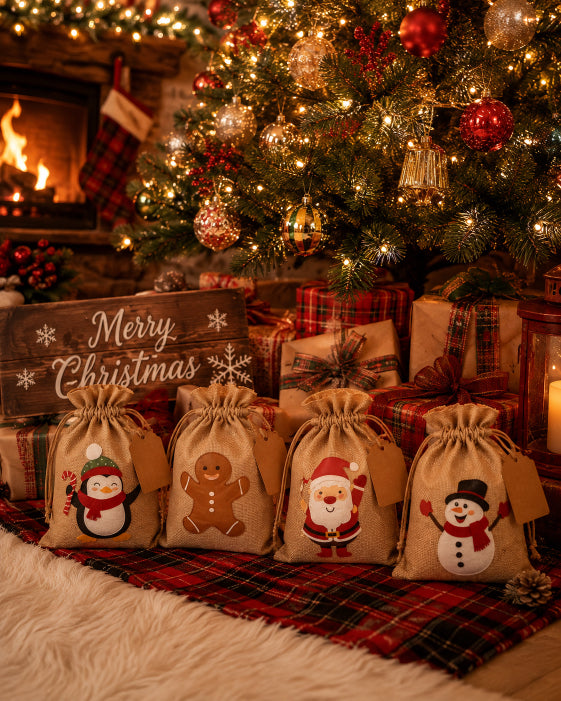 Four burlap drawstring gift bags with Christmas illustrations (penguin, gingerbread man, Santa, snowman) arranged in front of a decorated Christmas tree and fireplace. A wooden sign reading 'Merry Christmas' is visible on the left.