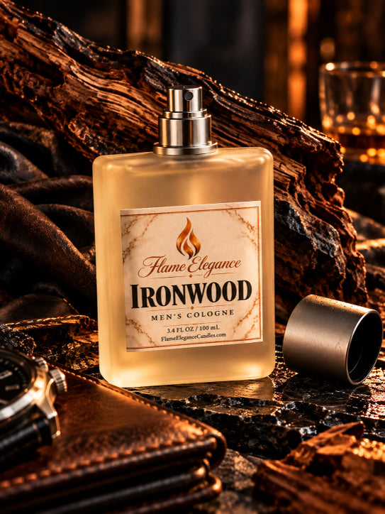Ironwood men's cologne by flame elegance with lid off of it. Wood in background. 