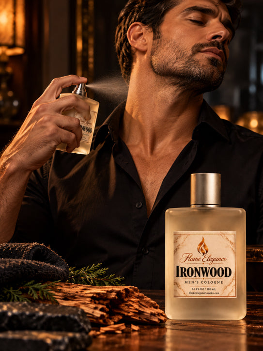 man spraying Ironwood men's cologne on his neck. 