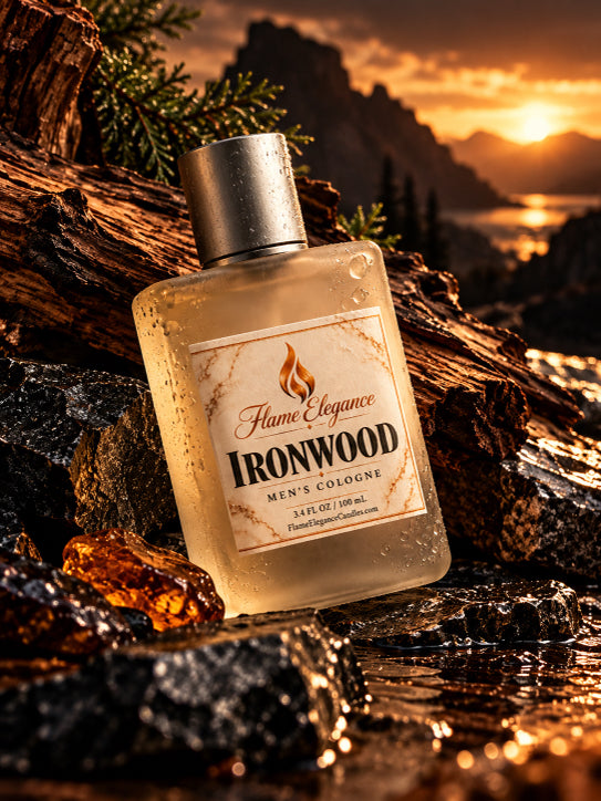 Ironwood spray cologne with wood behind it and mountains and a lake in background. 