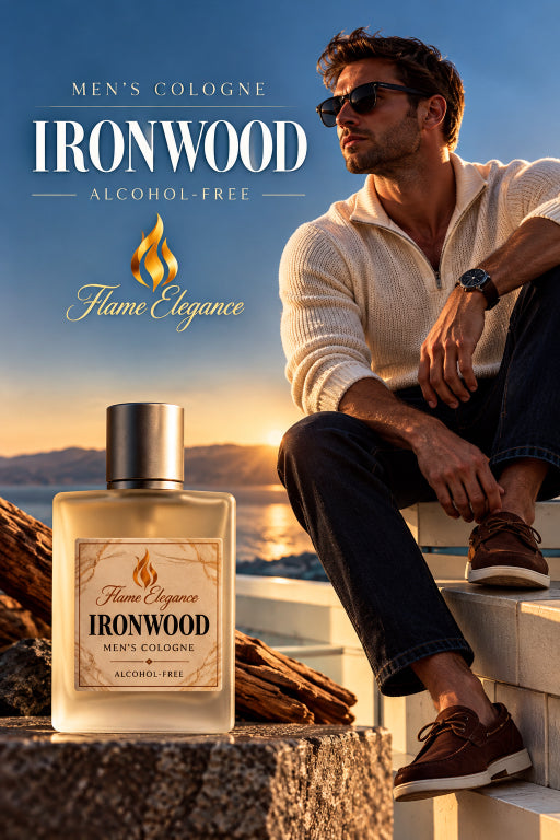 Advertisement for IRONWOOD men's cologne. Cologne in image with a man sitting on a chair with a lake and mountain in the background.