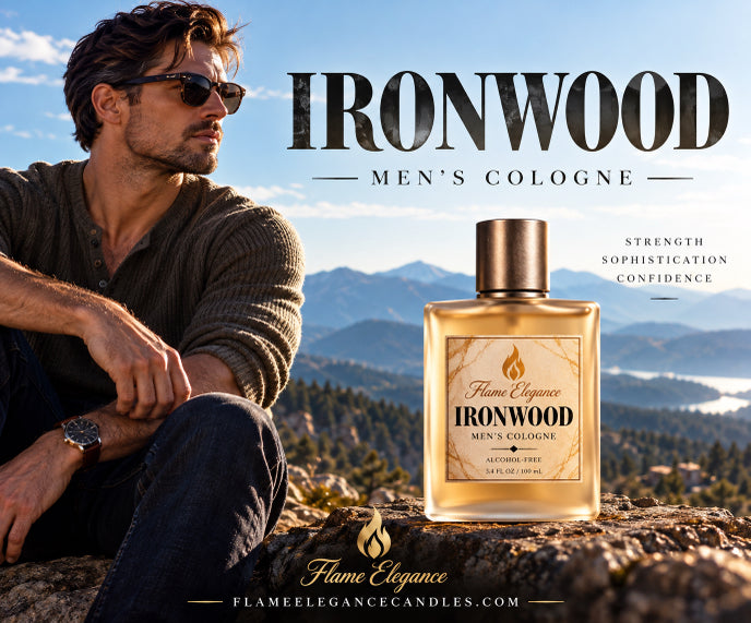 Ironwood men's cologne the bottle sitting in center of image with a man sitting next to the bottle. In the background are mountains. 