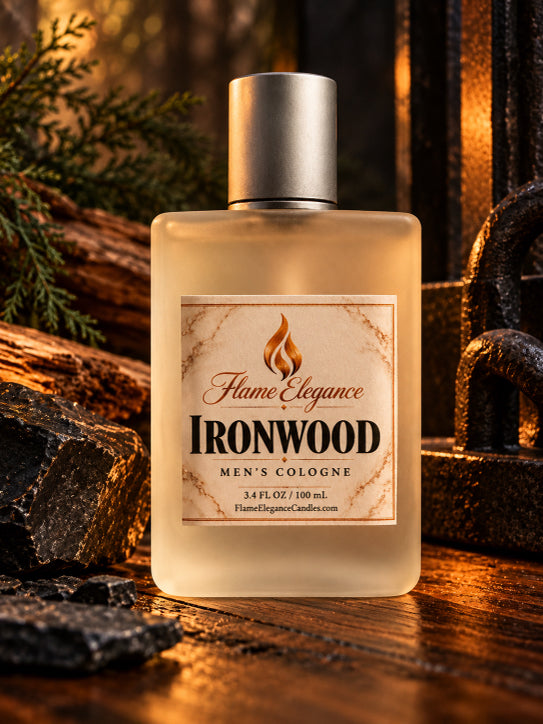 Ironwood men's alcohol-free cologne by Flame Elegance sitting on a table with wood and iron behind the cologne.