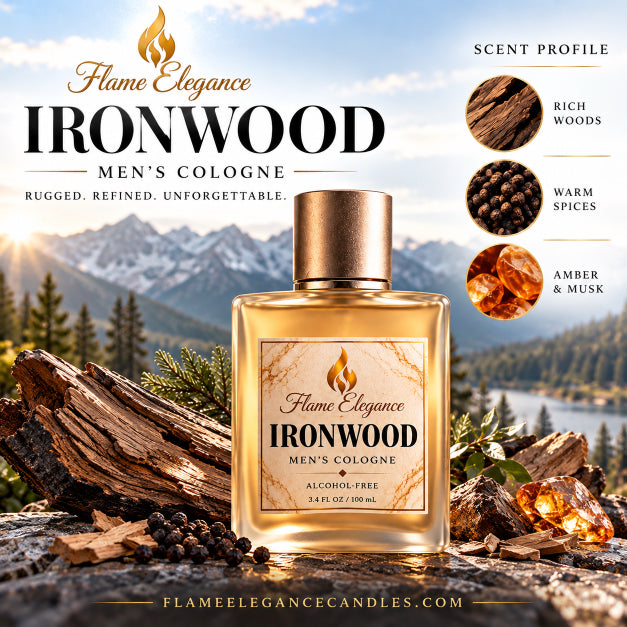 Ironwood spray men's cologne by Flame Elegance. Writing says on it rich woods, warm spices, and amber & musk. 