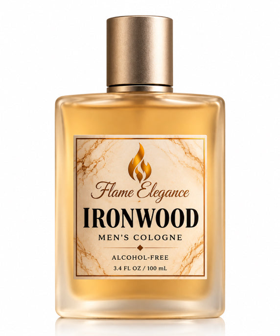 Ironwood men's cologne by Flame Elegance in frosted bottle and silver lid with white background