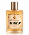 Ironwood men's cologne by Flame Elegance in frosted bottle and silver lid with white background