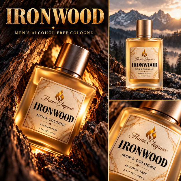 Ironwood men's cologne collage by Flame Elegance. 3 images